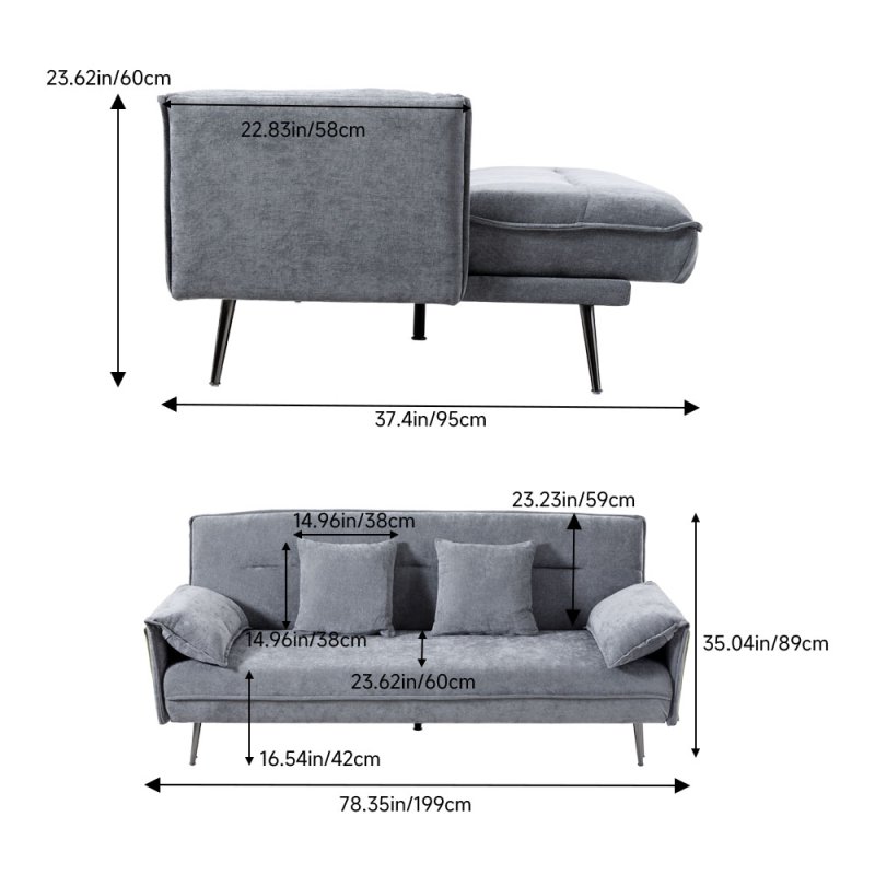 Living and Home Grey Fabric 3-Seater Convertible Sofa Bed, Modern Sleeper Sofa with Metal Legs and 2 Throw Pillows