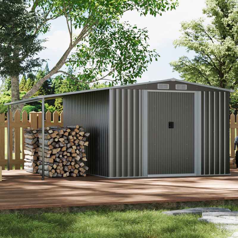 10.27x8.4ft Outdoor Metal Storage Shed with Lean-to, Apex Roof, Double Door
