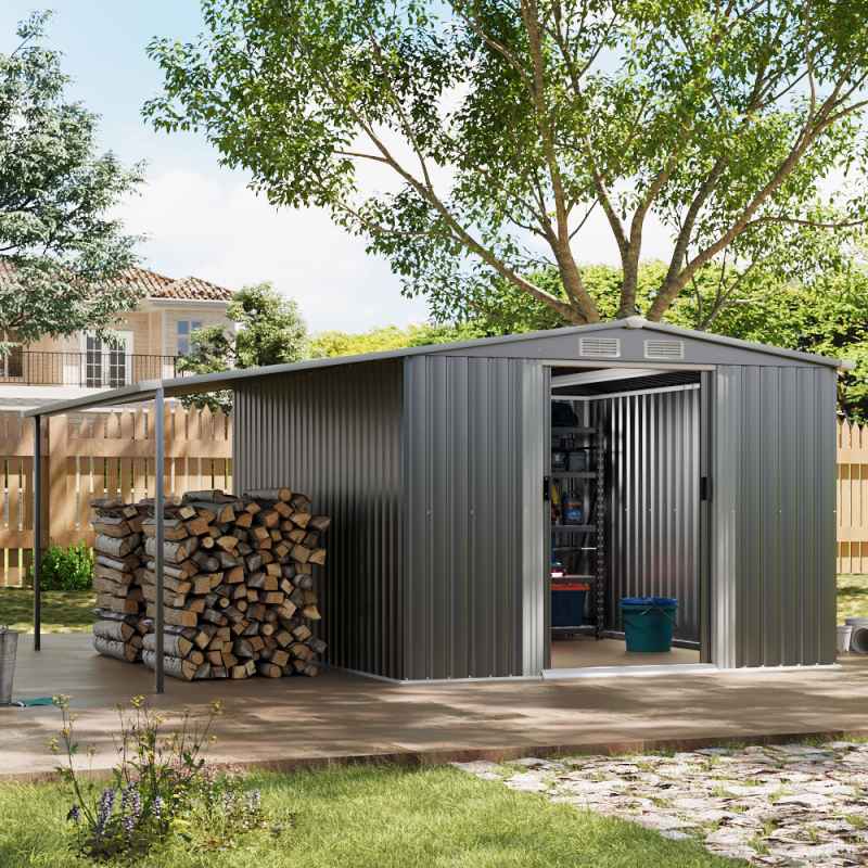 10.27x8.4ft Outdoor Metal Storage Shed with Lean-to, Apex Roof, Double Door