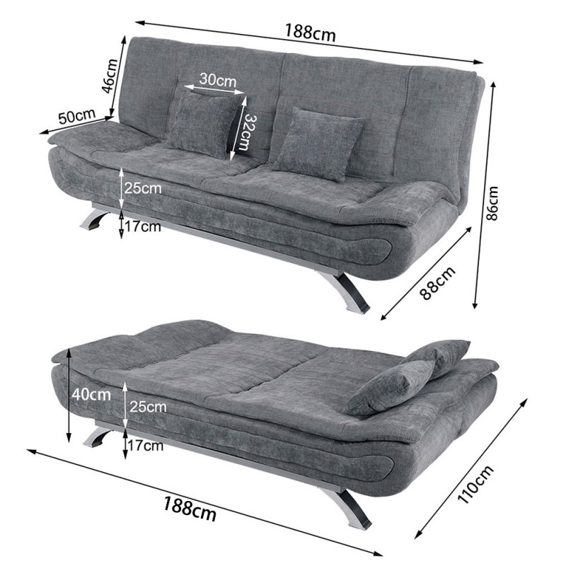 Living and Home Grey Linen Convertible Sofa Bed, Curved Shell Shaped Sleeper Sofa with Metal Legs and 2 Throw Pillows