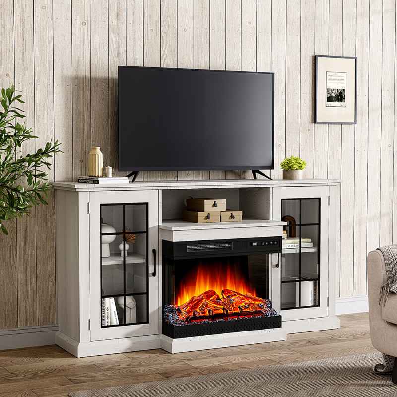 3-Sided Electric Fireplace TV Stand with Glass Door Closed Storage