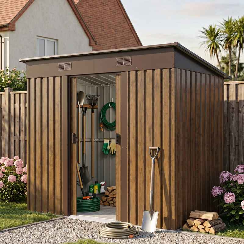 Living and Home 7.81 x 4.3FT Pent Roof Metal Garden Storage Shed, 3D Wood Grain Finish with Foundation, Vents & Sliding Doors