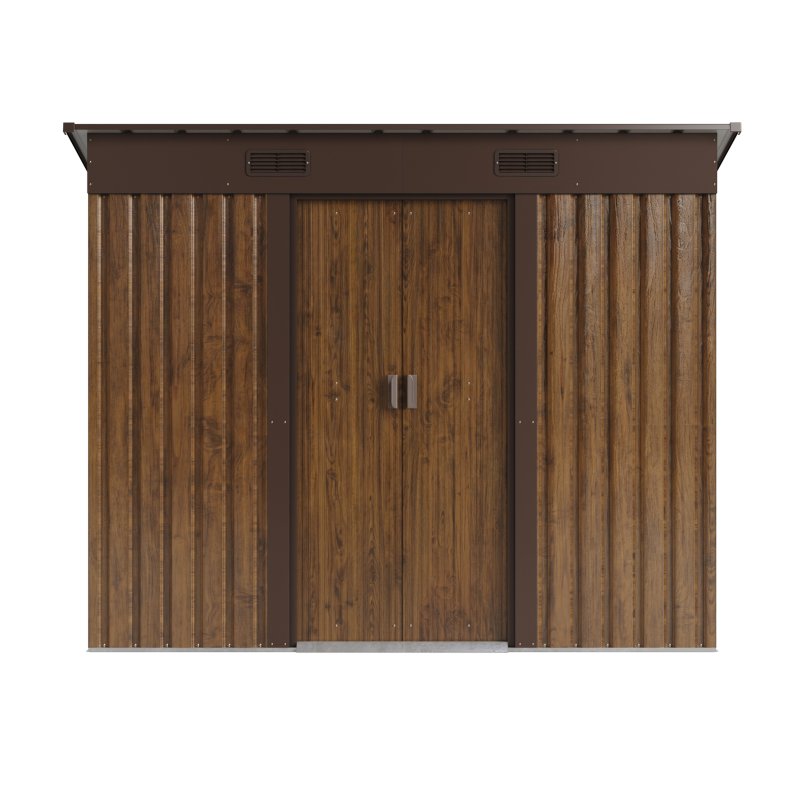 Living and Home 7.81 x 4.3FT Pent Roof Metal Garden Storage Shed, 3D Wood Grain Finish with Foundation, Vents & Sliding Doors