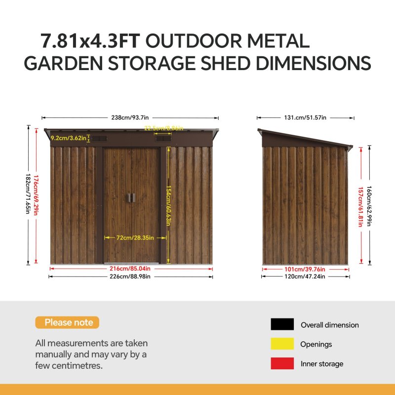 Living and Home 7.81 x 4.3FT Pent Roof Metal Garden Storage Shed, 3D Wood Grain Finish with Foundation, Vents & Sliding Doors