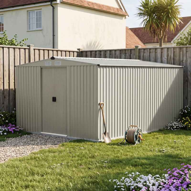 Living and Home 10.6 x12.73FT Grey Aluminium Color Apex Roof Metal Garden Shed, Lockable Sliding Doors, Vents & Foundation