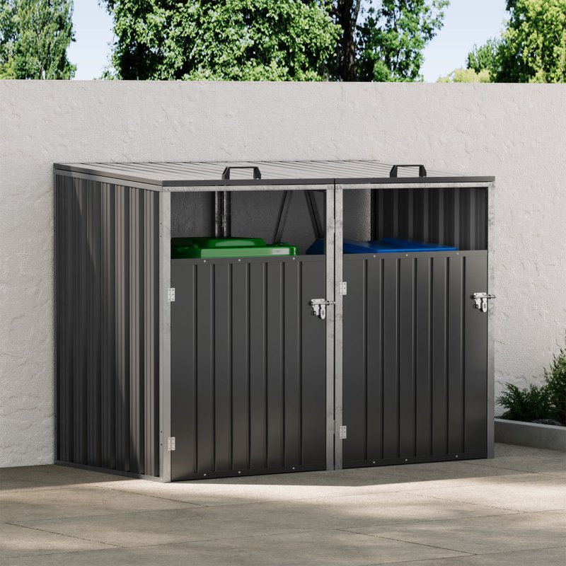 Metal Outdoor Bin Shed for 2 Trash Bins, Charcoal Black