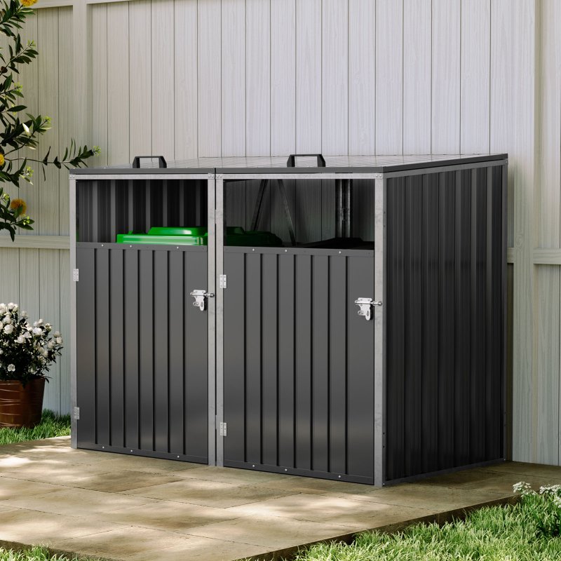 Metal Outdoor Bin Shed for 2 Trash Bins, Charcoal Black