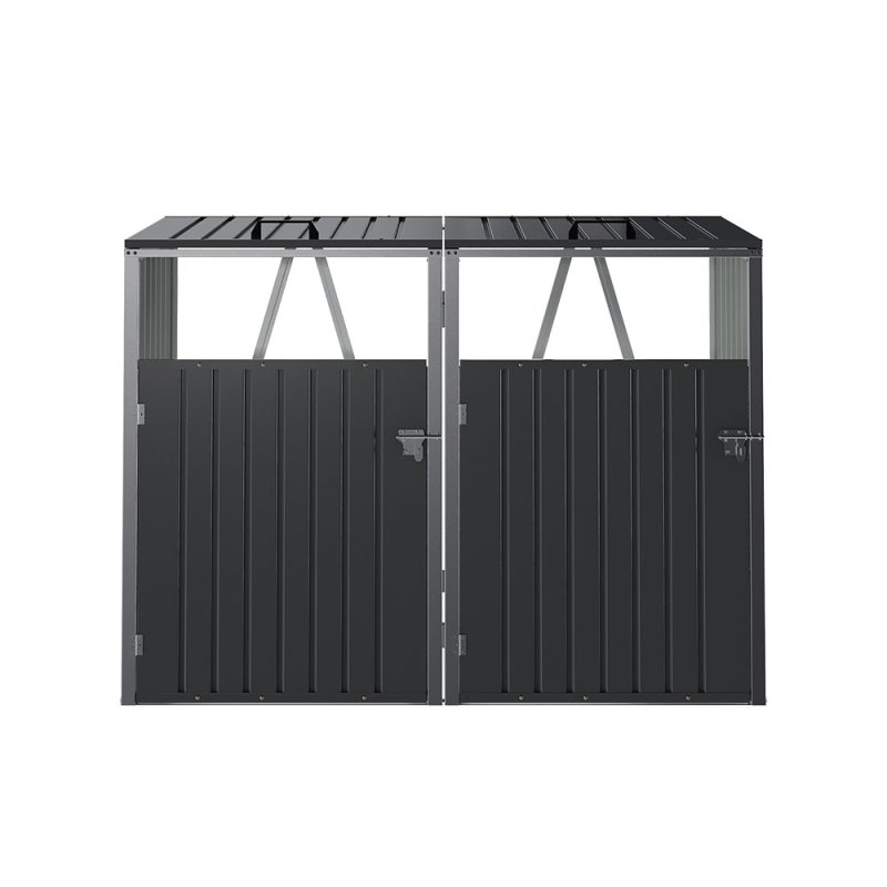 Metal Outdoor Bin Shed for 2 Trash Bins, Charcoal Black