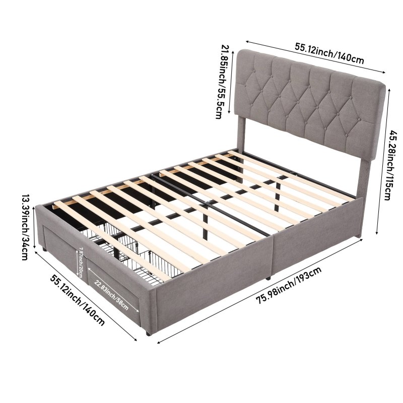 Living and Home Double Upholstered Bed Frame with 2 Drawers