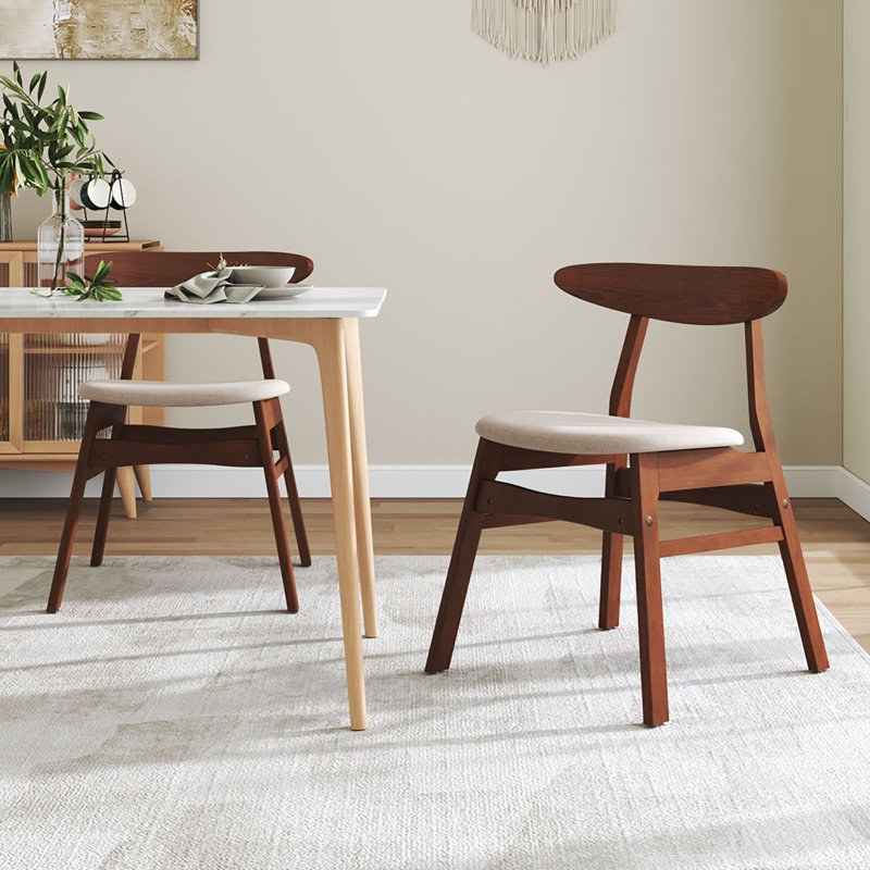 Living and Home 2-Piece Solid Wood Dining Chairs, Beige Upholstered Padded Seat, Curved Backrest Kitchen Side Chairs for Dining Room