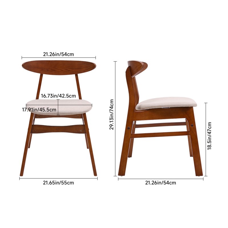 Living and Home 2-Piece Solid Wood Dining Chairs, Beige Upholstered Padded Seat, Curved Backrest Kitchen Side Chairs for Dining Room