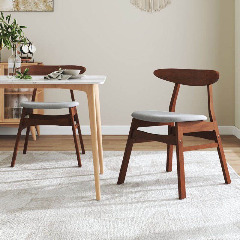 Living and Home 2-Piece Solid Wood Dining Chairs, Grey Upholstered Padded Seat, Curved Backrest Kitchen Side Chairs for Dining Room
