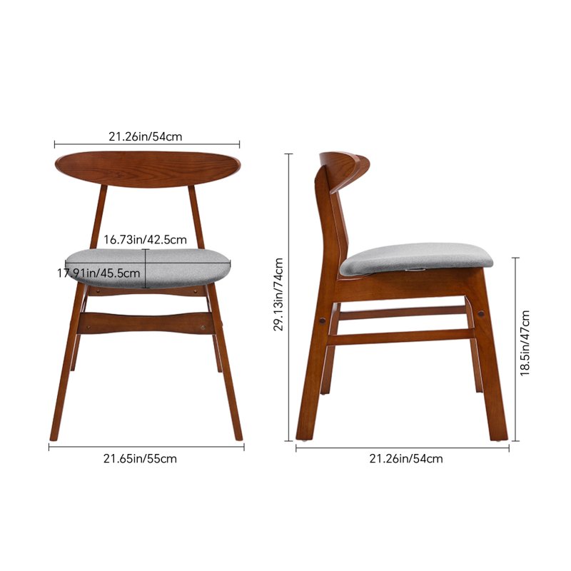 Living and Home 2-Piece Solid Wood Dining Chairs, Grey Upholstered Padded Seat, Curved Backrest Kitchen Side Chairs for Dining Room