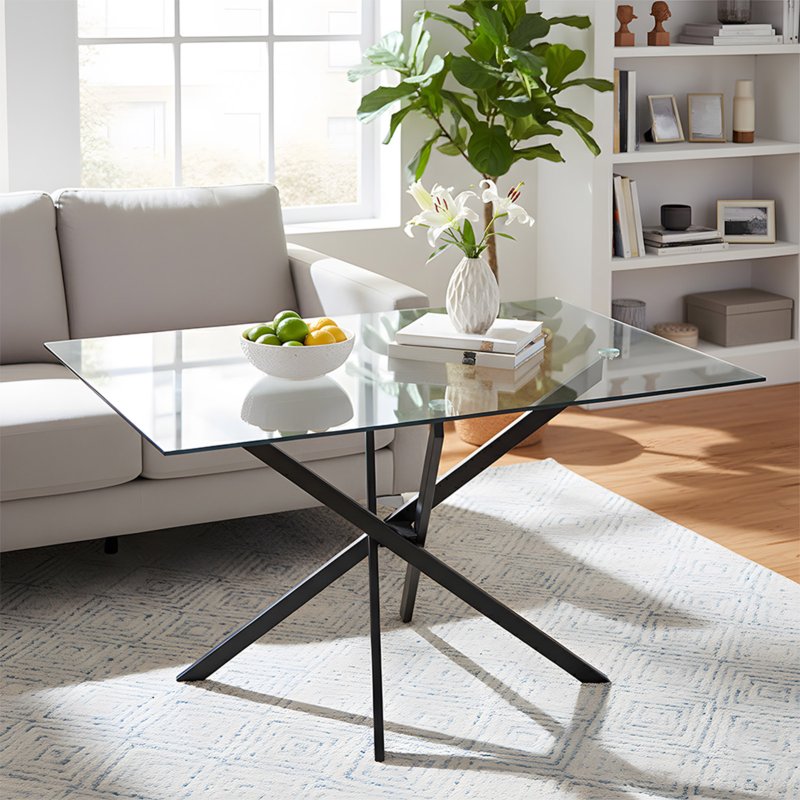 Living and Home 100x60cm Tempered Glass Dining Table with Iron Legs