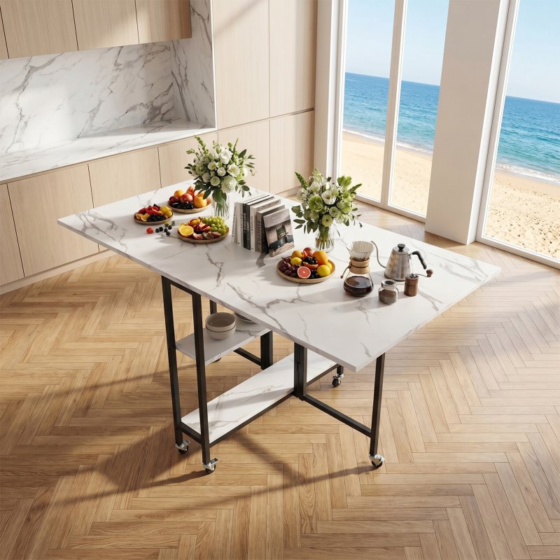 Living and Home 120x80cm Folding Dining Table with Wheels and Storage Shelves