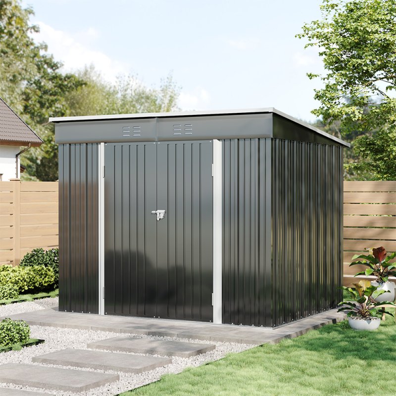 6x8ft Metal Storage Shed Black Galvanized Steel Tool House With Foundation, Double Lockable Doors, Ventilation