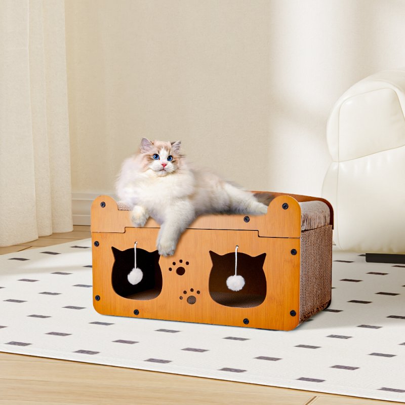 Cat Scratcher House with Hanging Plush Balls for Indoor