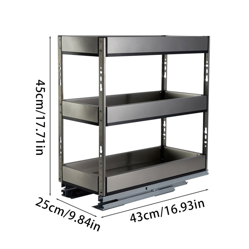 3-Tier Stainless Steel Pull-Out Cabinet Organizer, 25 cm W x 43 cm D x 45 cm H - Quiet Glide, Corrosion-Resistant Pantry Shelf