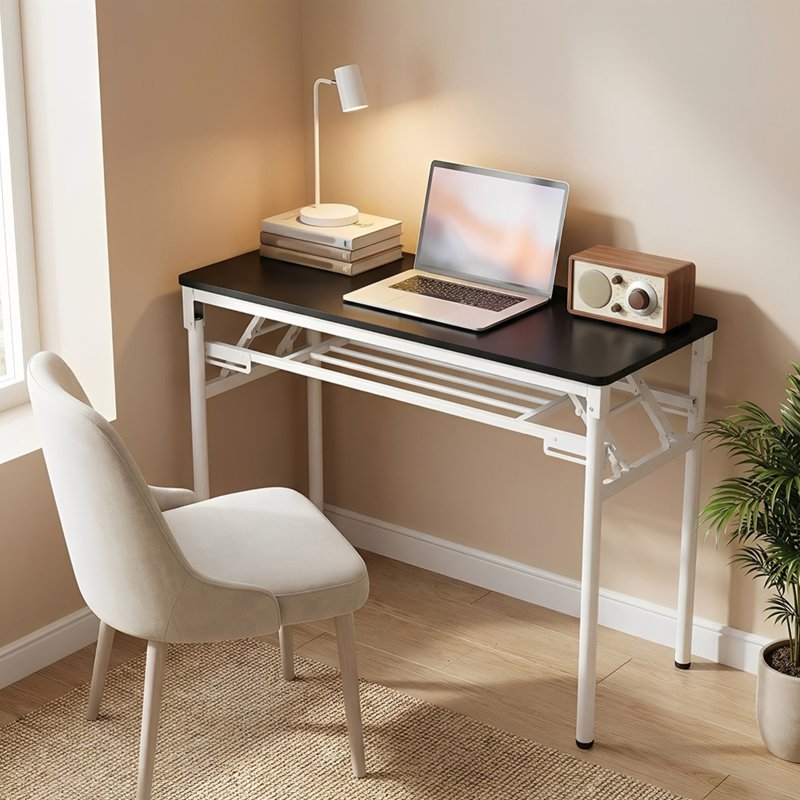 Living and Home 2-Tier Folding Office Desk Foldable Writing Table-Black, 80x40cm