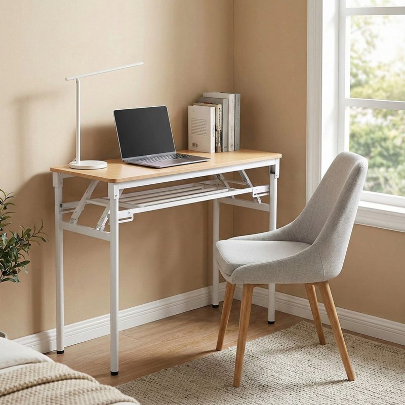 Living and Home 2-Tier Folding Office Desk Foldable Writing Table-Wood Color, 80x40cm