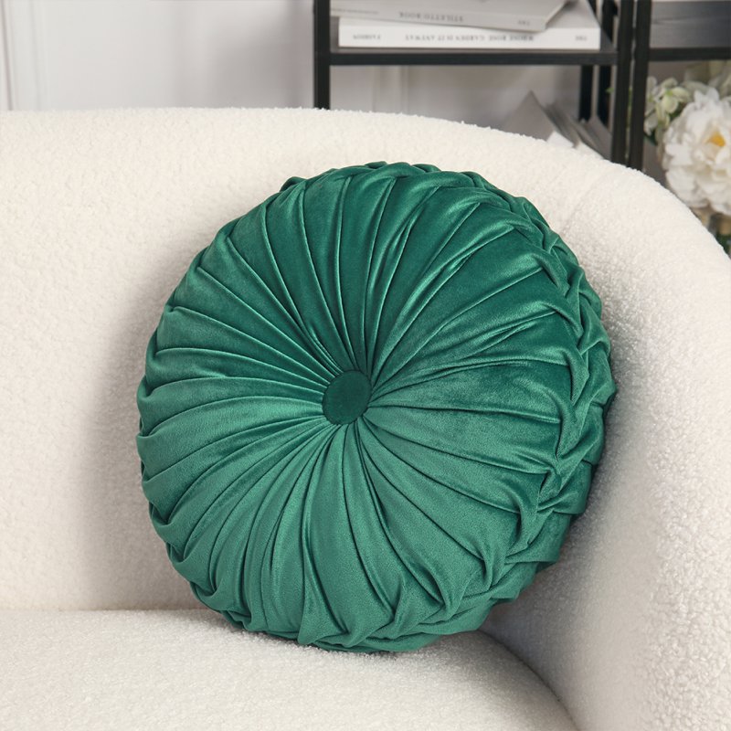 Round Pleated Pumpkin Velvet Cushion Green 40cm