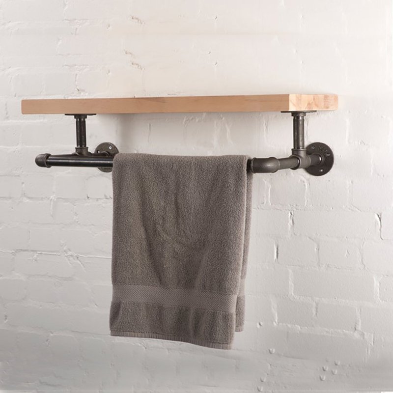 Wall Mounted Storage Shelf with Metal Pipe Towel Rack