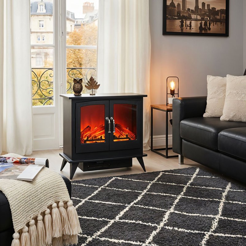  Freestanding Electric Fireplace Heater with Realistic Flame - 2000W, 40m2 Coverage, Adjustable Flame Color/Brightness, 1-9h Timer, Quiet & Safe