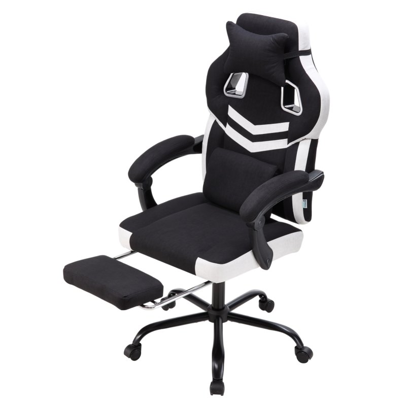 Living and Home Tech Fabric Ergonomic Reclining Gaming Chair, Black+White, w/ Massage Lumbar Support & Footrest