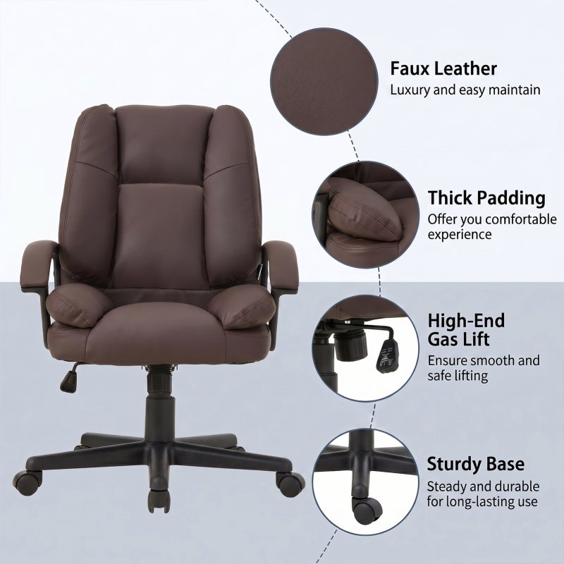Living and Home Dark Brown Faux Leather High Back Office Chair, Height Adjustable Swivel Executive Chair with Rocking Function