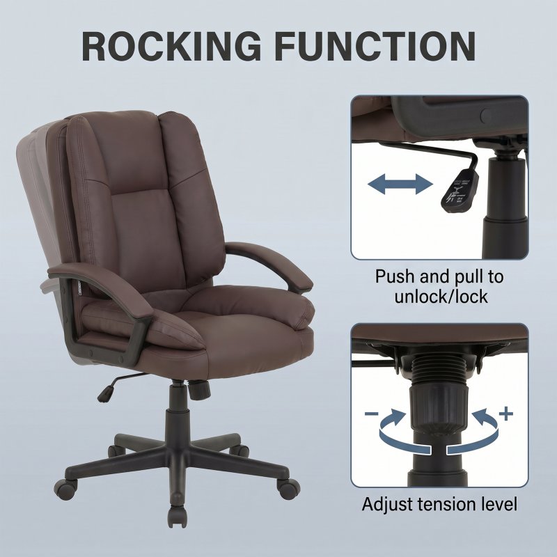 Living and Home Dark Brown Faux Leather High Back Office Chair, Height Adjustable Swivel Executive Chair with Rocking Function