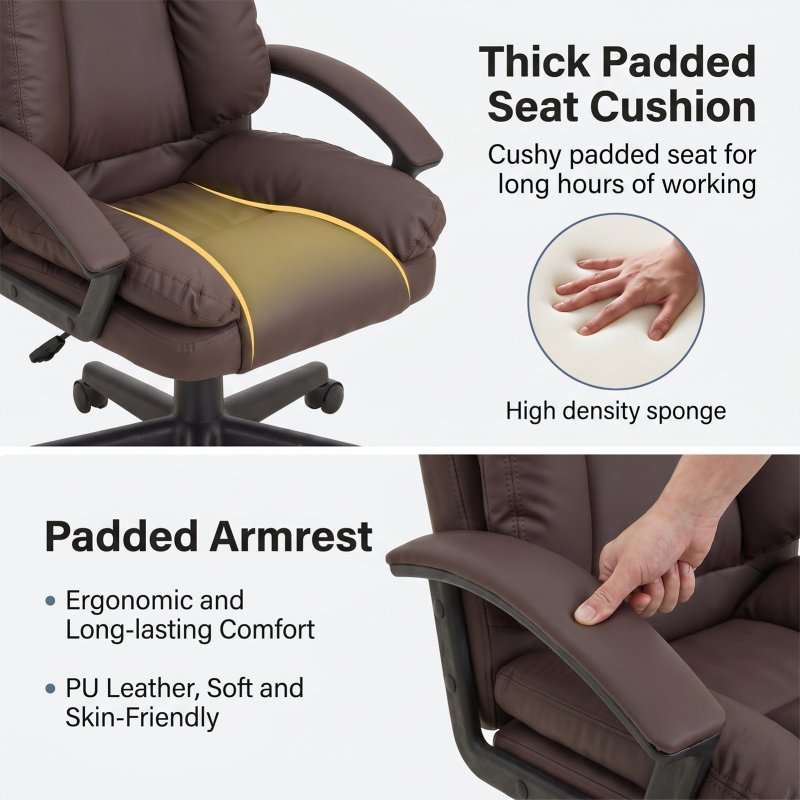 Living and Home Dark Brown Faux Leather High Back Office Chair, Height Adjustable Swivel Executive Chair with Rocking Function