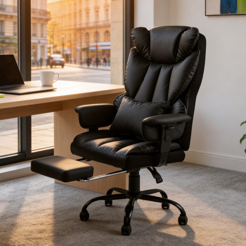 Living and Home Black PVC High‑Back Executive Swivel Office Chair, Reclining Chair with Retractable Footrest & Adjustable Armrests