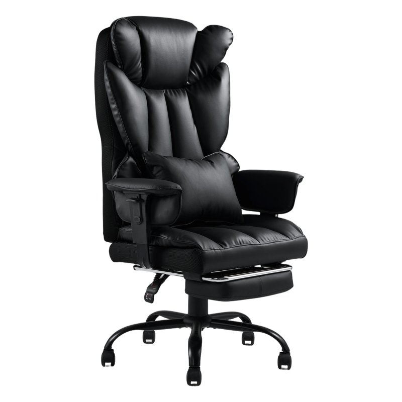 Living and Home Black PVC High‑Back Executive Swivel Office Chair, Reclining Chair with Retractable Footrest & Adjustable Armrests