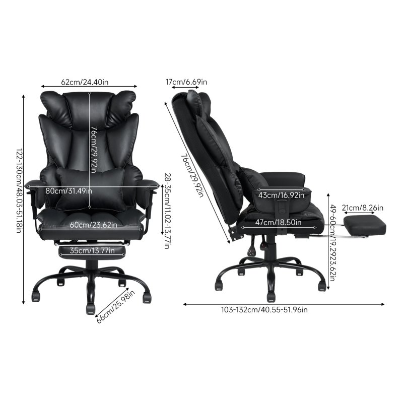Living and Home Black PVC High‑Back Executive Swivel Office Chair, Reclining Chair with Retractable Footrest & Adjustable Armrests
