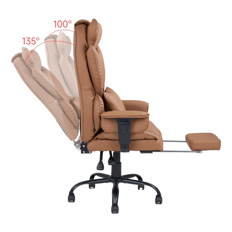 Living and Home Brown PVC High‑Back Executive Swivel Office Chair, Reclining Chair with Retractable Footrest & Adjustable Armrests