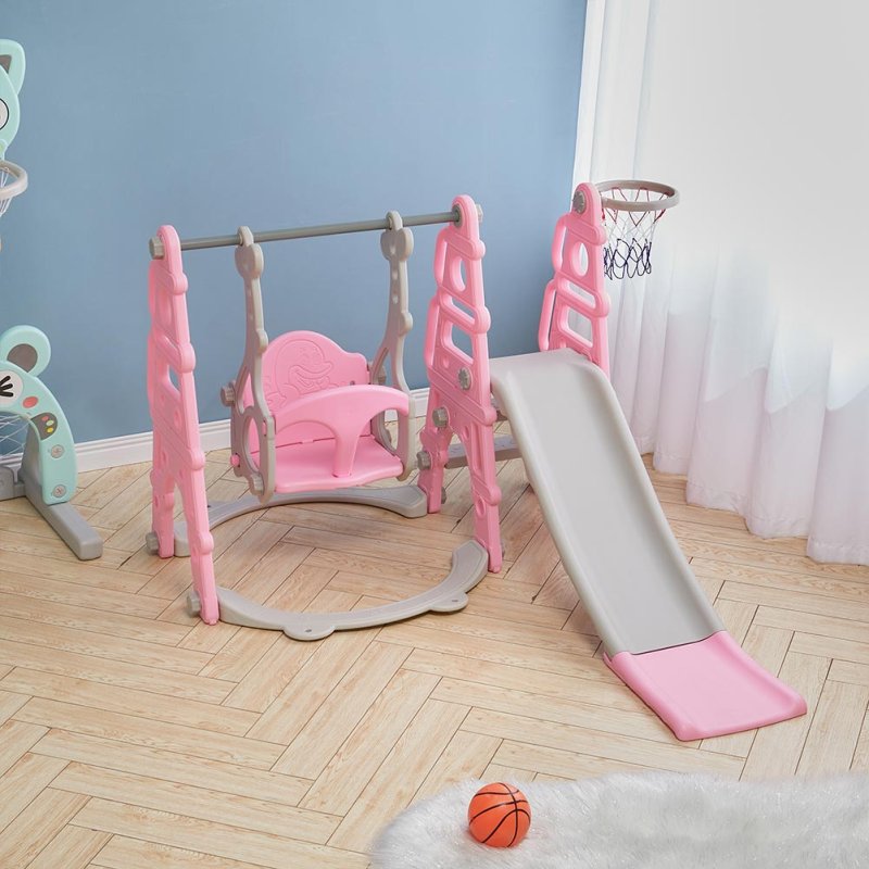Kids Toddler Swing and Slide Set with Basketball Hoop