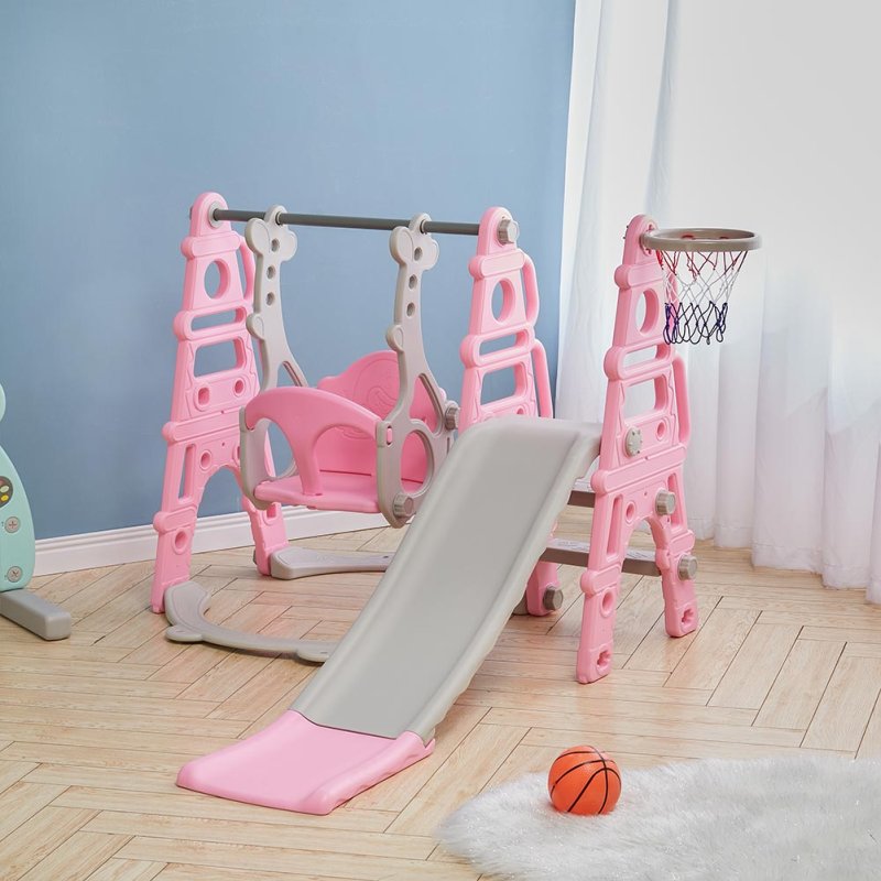 Kids Toddler Swing and Slide Set with Basketball Hoop