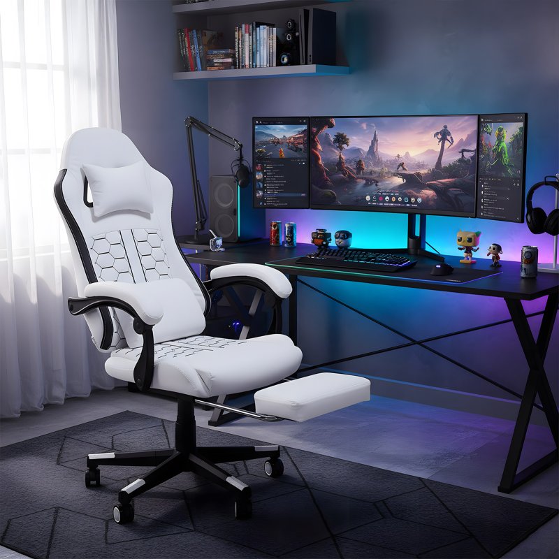 Living and Home White Black Ergonomic Gaming Chair, 135° Reclining PVC Game Chair with Massage Lumbar Support, Footrest & Headrest