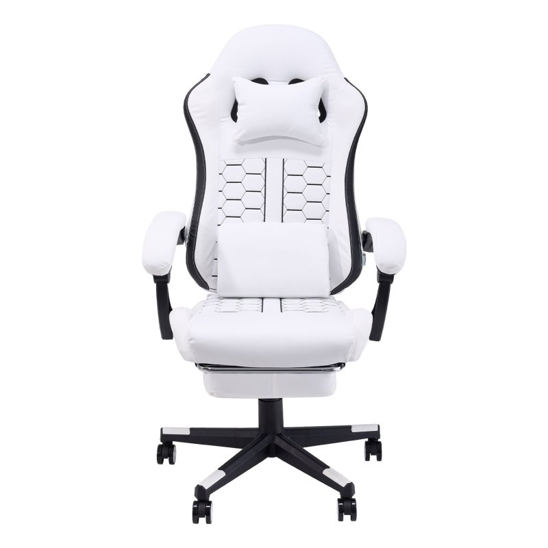 Living and Home White Black Ergonomic Gaming Chair, 135° Reclining PVC Game Chair with Massage Lumbar Support, Footrest & Headrest