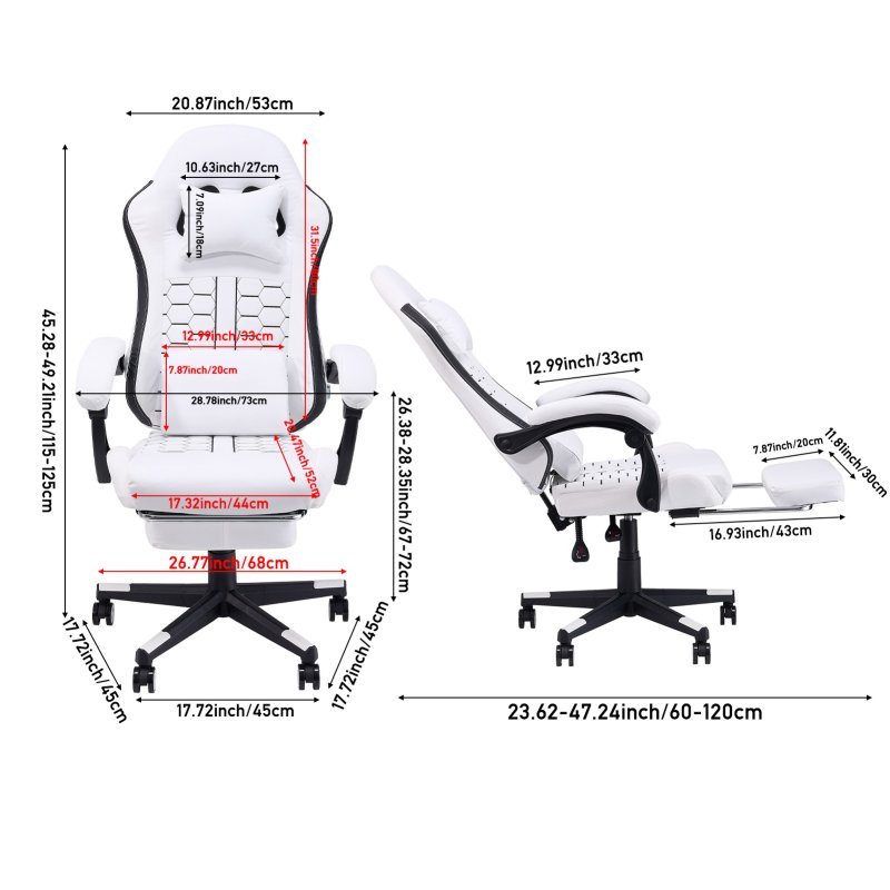Living and Home White Black Ergonomic Gaming Chair, 135° Reclining PVC Game Chair with Massage Lumbar Support, Footrest & Headrest