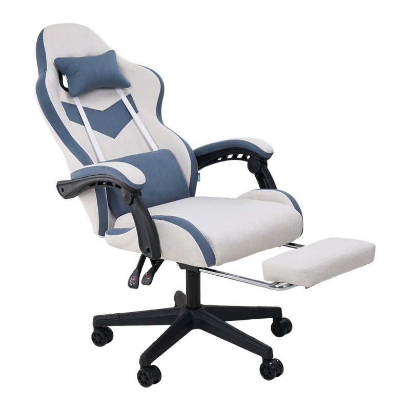 Living and Home Tech Fabric Gaming Chair, Blue+Grey, 135° Reclining Game Chair w/ Massage Lumbar Support, Footrest & Headrest