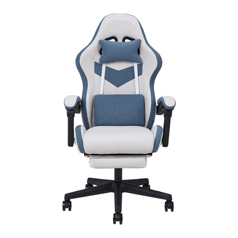 Living and Home Tech Fabric Gaming Chair, Blue+Grey, 135° Reclining Game Chair w/ Massage Lumbar Support, Footrest & Headrest