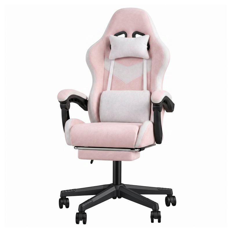 Living and Home Tech Fabric Gaming Chair, White+Pink, 135° Reclining Game Chair w/ Massage Lumbar Support, Footrest & Headrest