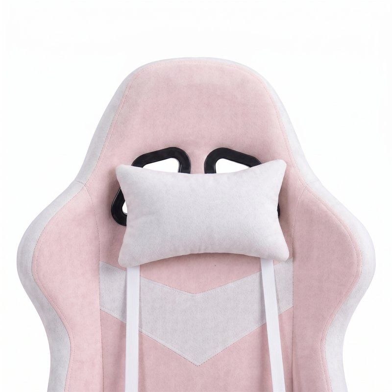 Living and Home Tech Fabric Gaming Chair, White+Pink, 135° Reclining Game Chair w/ Massage Lumbar Support, Footrest & Headrest