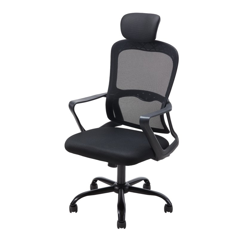 Living and Home Black Mesh Office Chair, Ergonomic Swivel Desk Chair with Adjustable Flip‑Up Headrest, Fixed Armrests and 15° Tilt Recline
