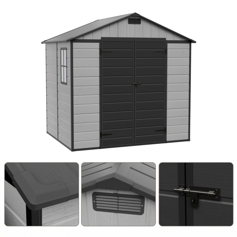 Living and Home 7.53 x 6.07FT Apex Roof Plastic Garden Storage Shed, Grey+Black, Lockable Double Doors & Window, Weather-Resistant PP & Aluminium Frame Tool Shed