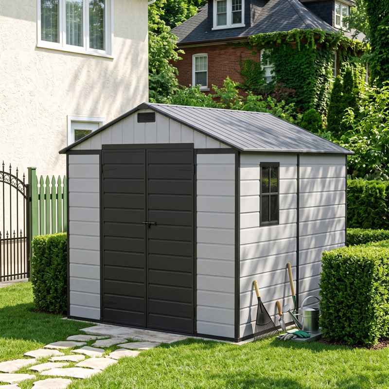 Living and Home 7.53 x 8.01FT Apex Roof Plastic Garden Storage Shed, Grey+Black, Lockable Double Doors & Window, Weather-Resistant PP & Aluminium Frame Tool Shed