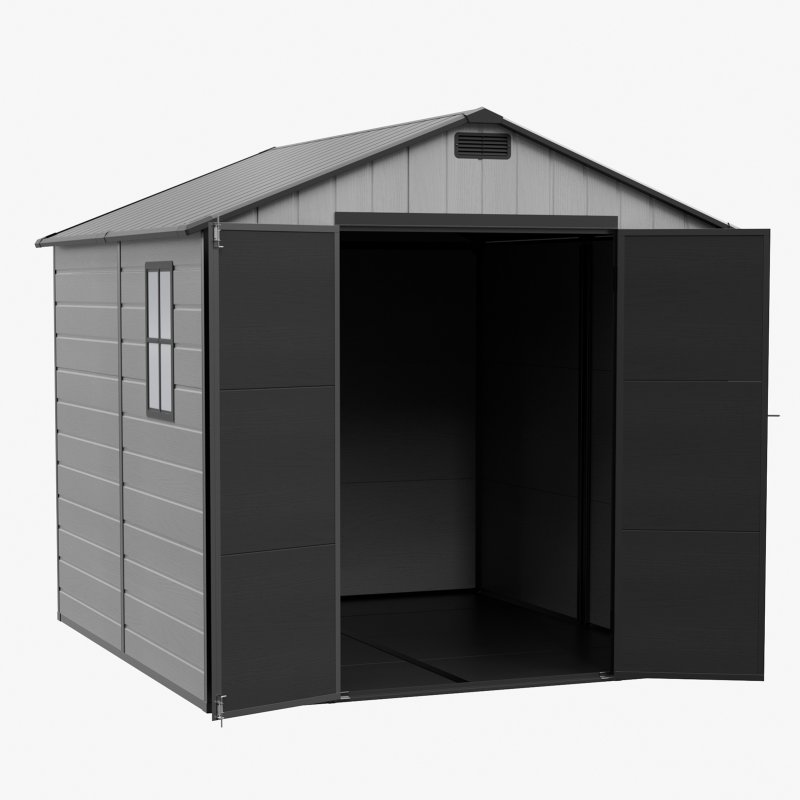 Living and Home 7.53 x 8.01FT Apex Roof Plastic Garden Storage Shed, Grey+Black, Lockable Double Doors & Window, Weather-Resistant PP & Aluminium Frame Tool Shed