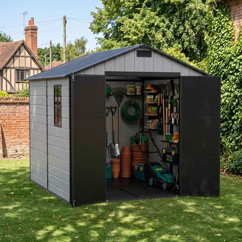 Living and Home 7.53 x 8.01FT Apex Roof Plastic Garden Storage Shed, Grey+Black, Lockable Double Doors & Window, Weather-Resistant PP & Aluminium Frame Tool Shed