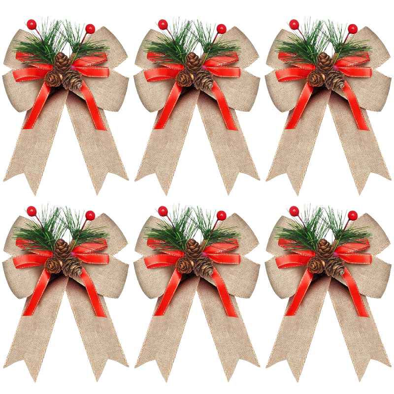 Premium 6-Pack Christmas Bows Adorned with Pine Cones and Green Needles